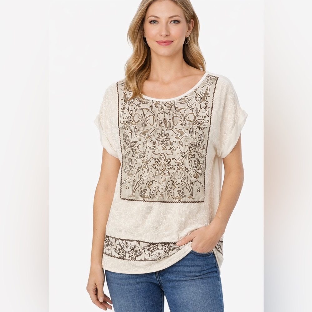 Ruby Rd Petite Large Boho Floral Embellished Short Sleeve Top Rayon Spandex NWT